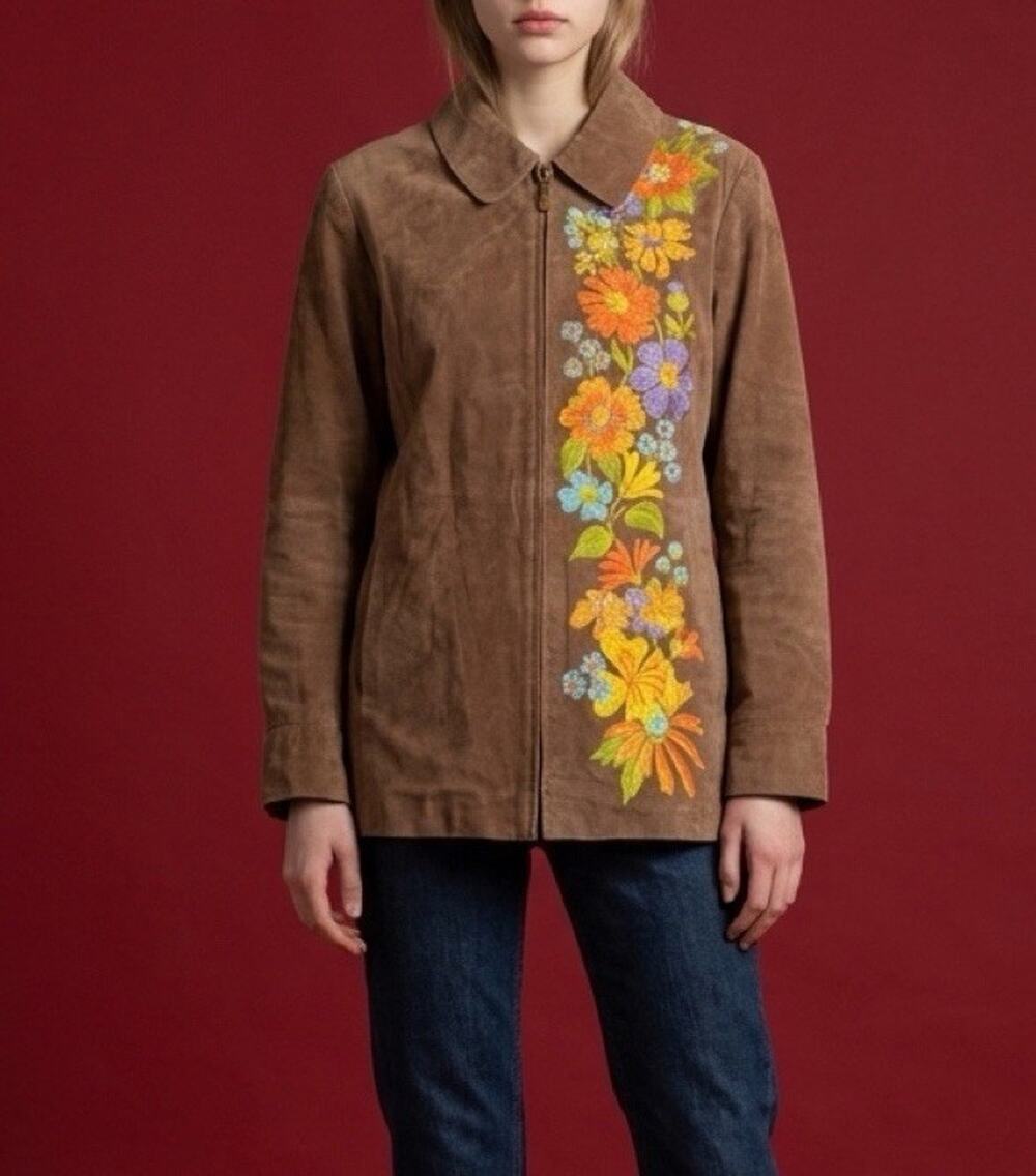 NWT Bob Mackie Wearable Art Leather Suede Jacket Embroidered Floral Brown Small